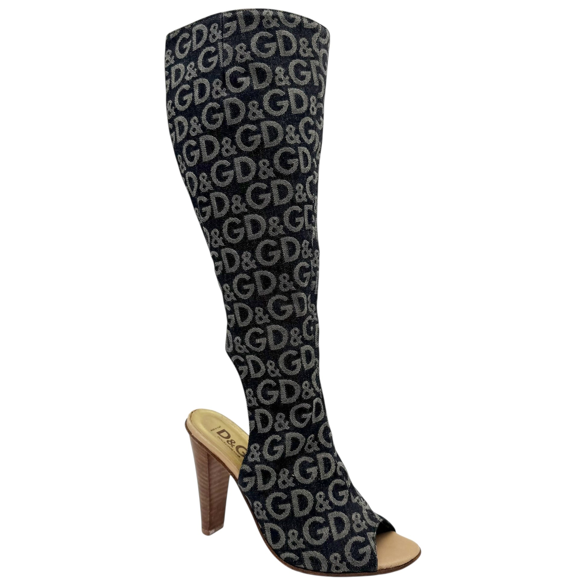 D&G Dolce & Gabbana Denim Logo Open Toe Heeled Boots - Outfit Repeater