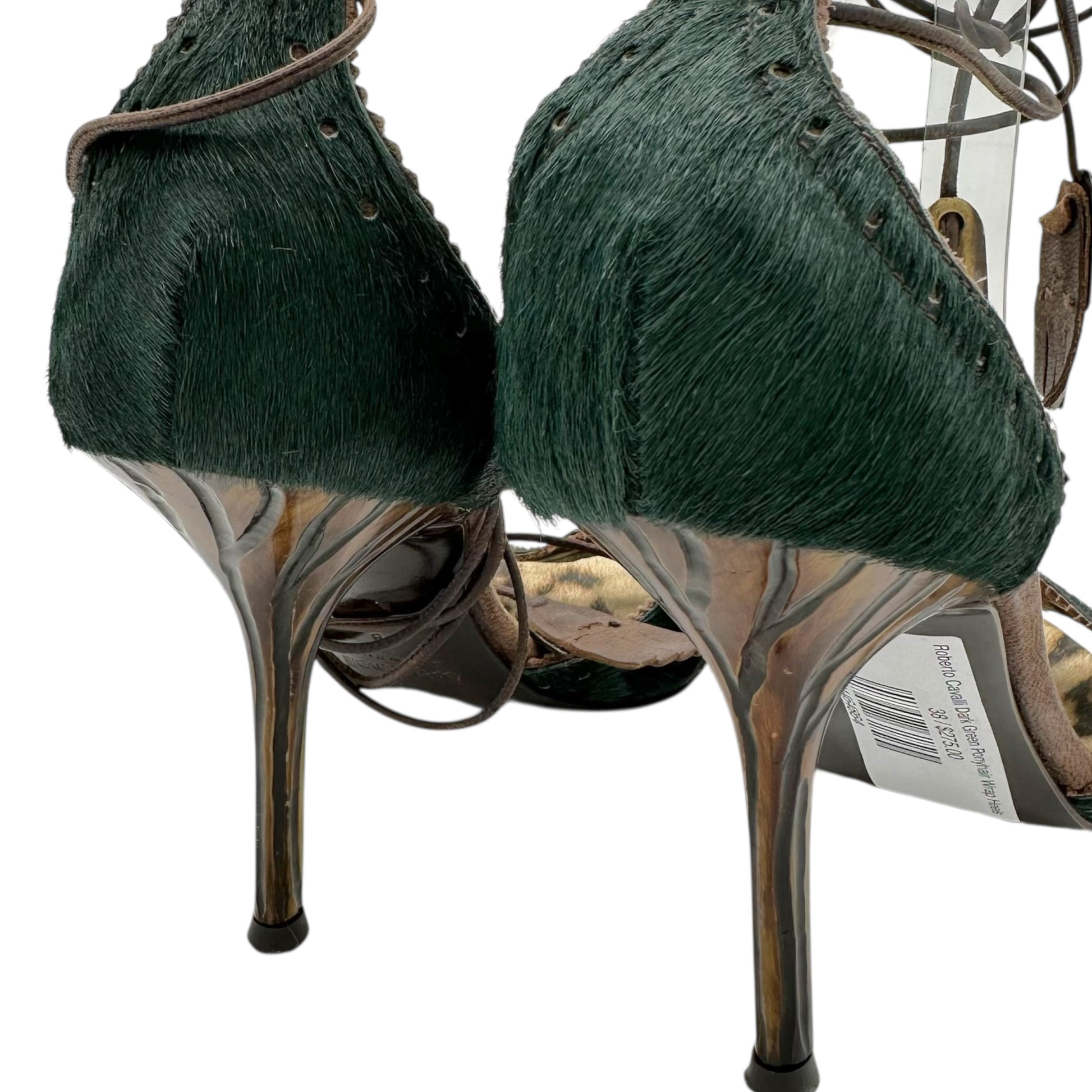 Roberto Cavalli Dark Green Ponyhair Wrap Heels - Outfit Repeater