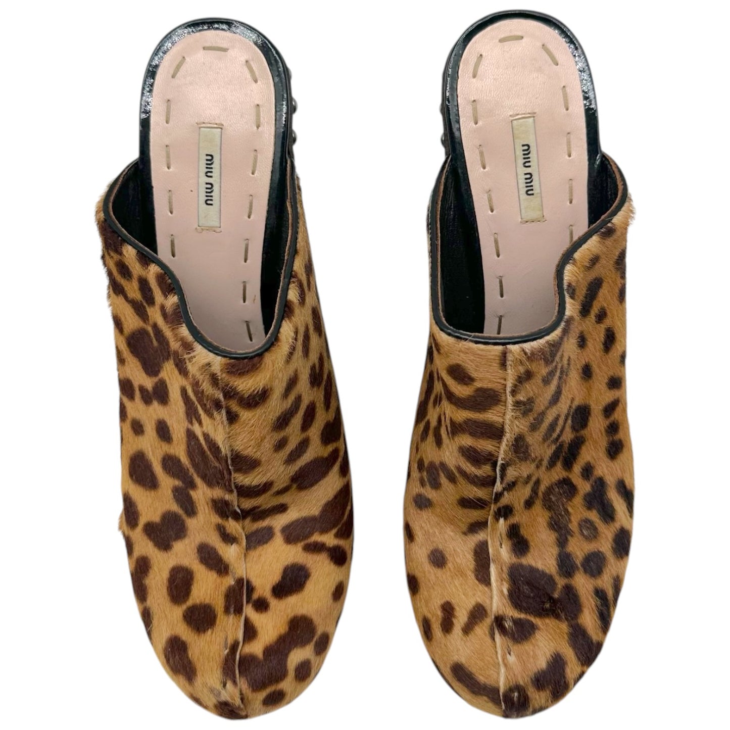 Miu Miu Leopard Print Ponyhair Platform Clog Heels