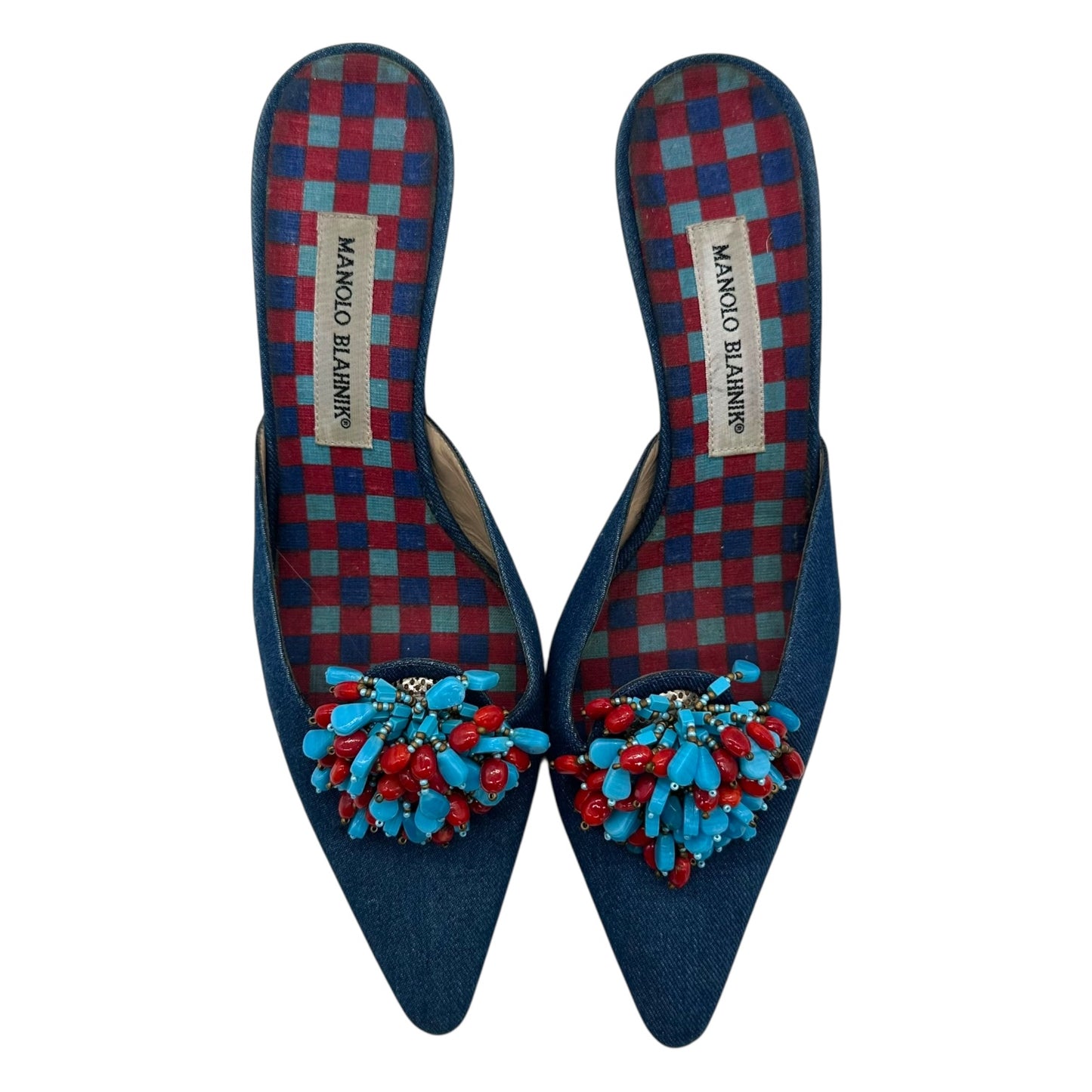 Manolo Blahnik Denim Bead Embellished Kitten Heels