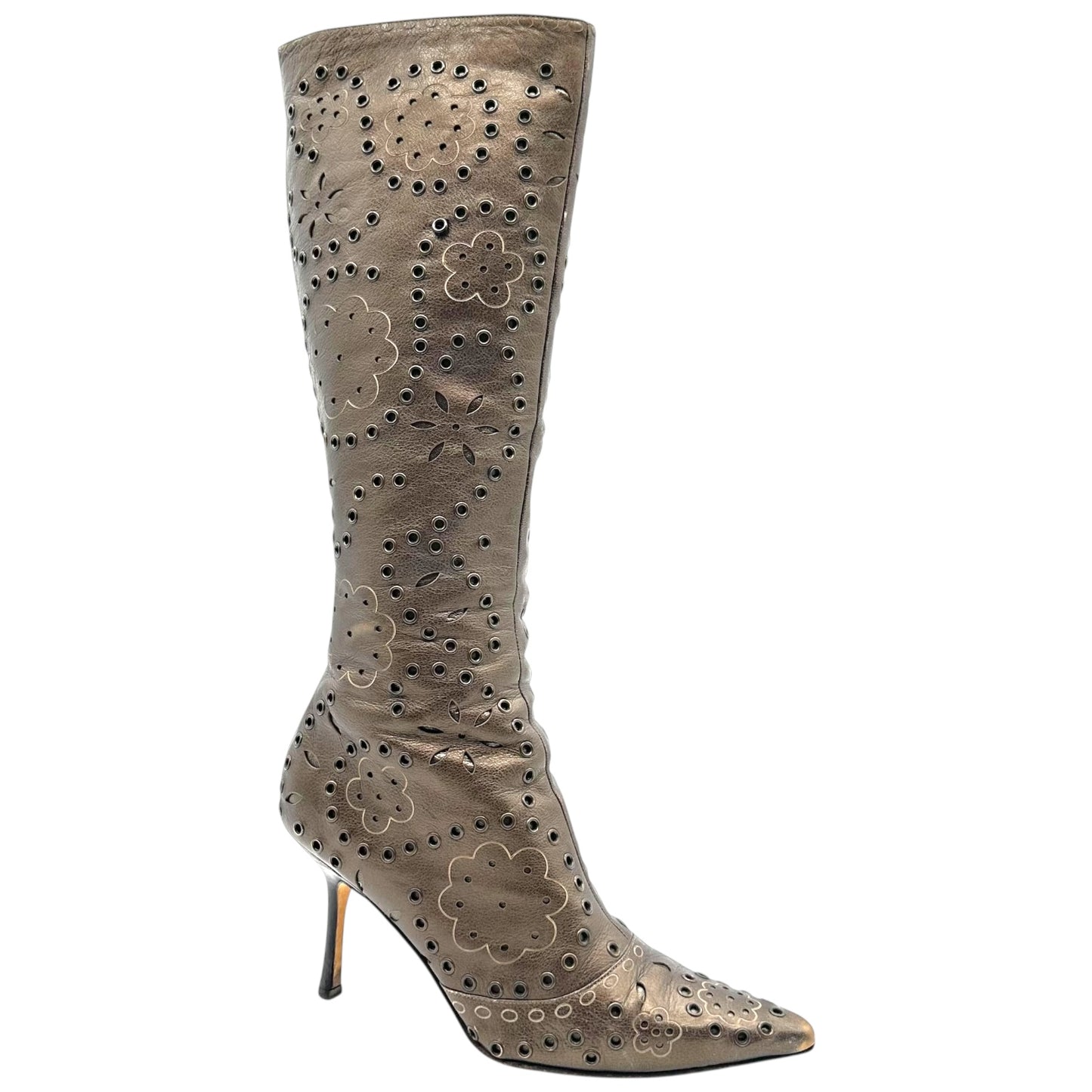Jimmy Choo Bronze Leather Floral Print Grommet Boots