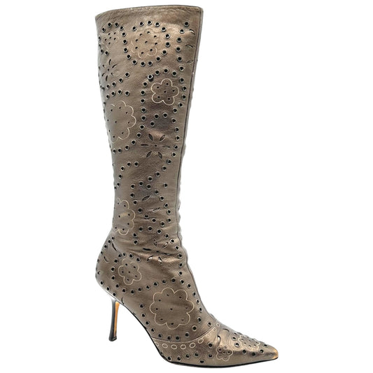 Jimmy Choo Bronze Leather Floral Print Grommet Boots