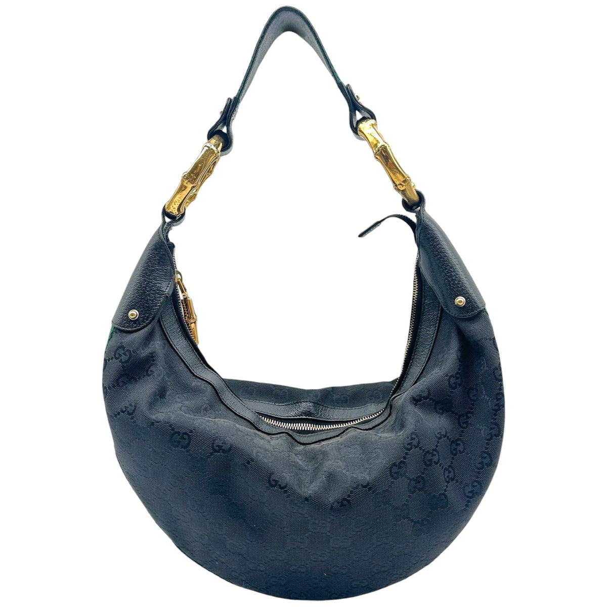 Gucci Black Monogram & Gold Bamboo Web Stripe Crescent Shoulder Bag