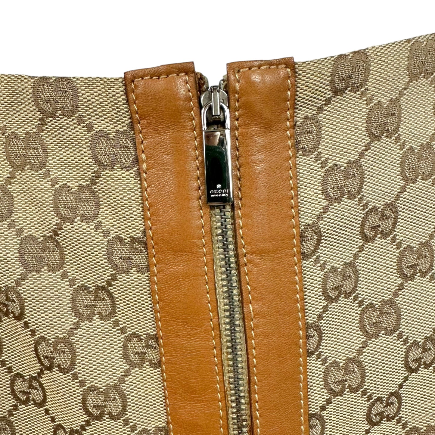 Gucci by Tom Ford 2000 Tan Monogram & Leather Midi Skirt