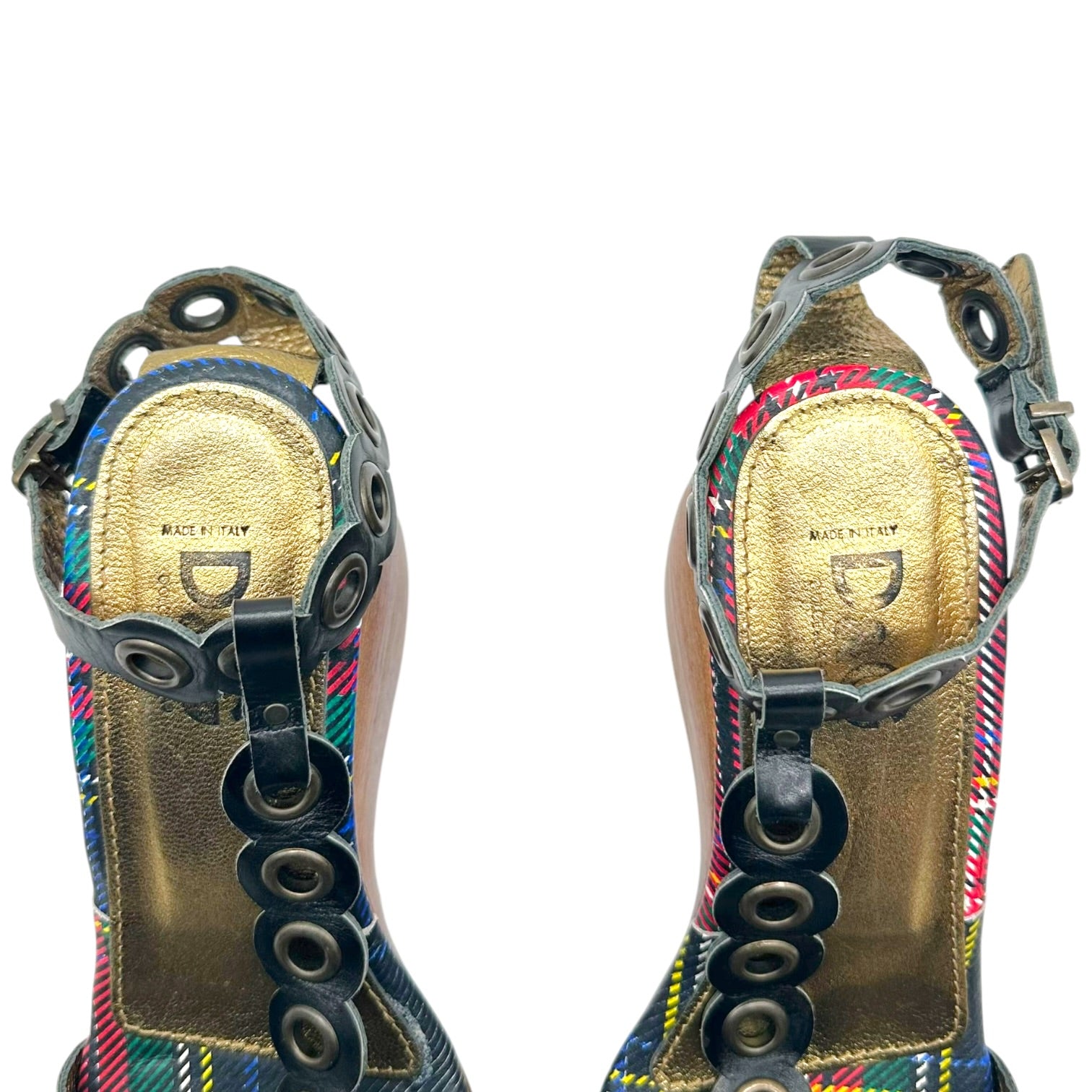 D&G Wooden Platform Heels Plaid Red Blue Green
