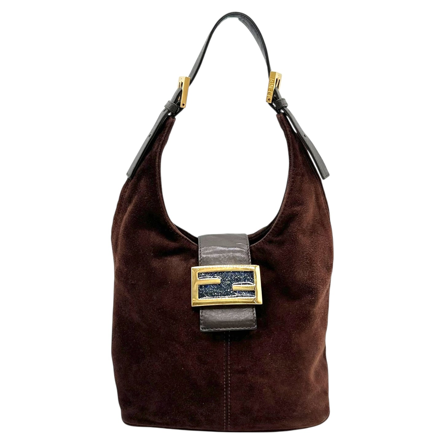 Fendi Brown Suede Baguette Bucket Shoulder Bag