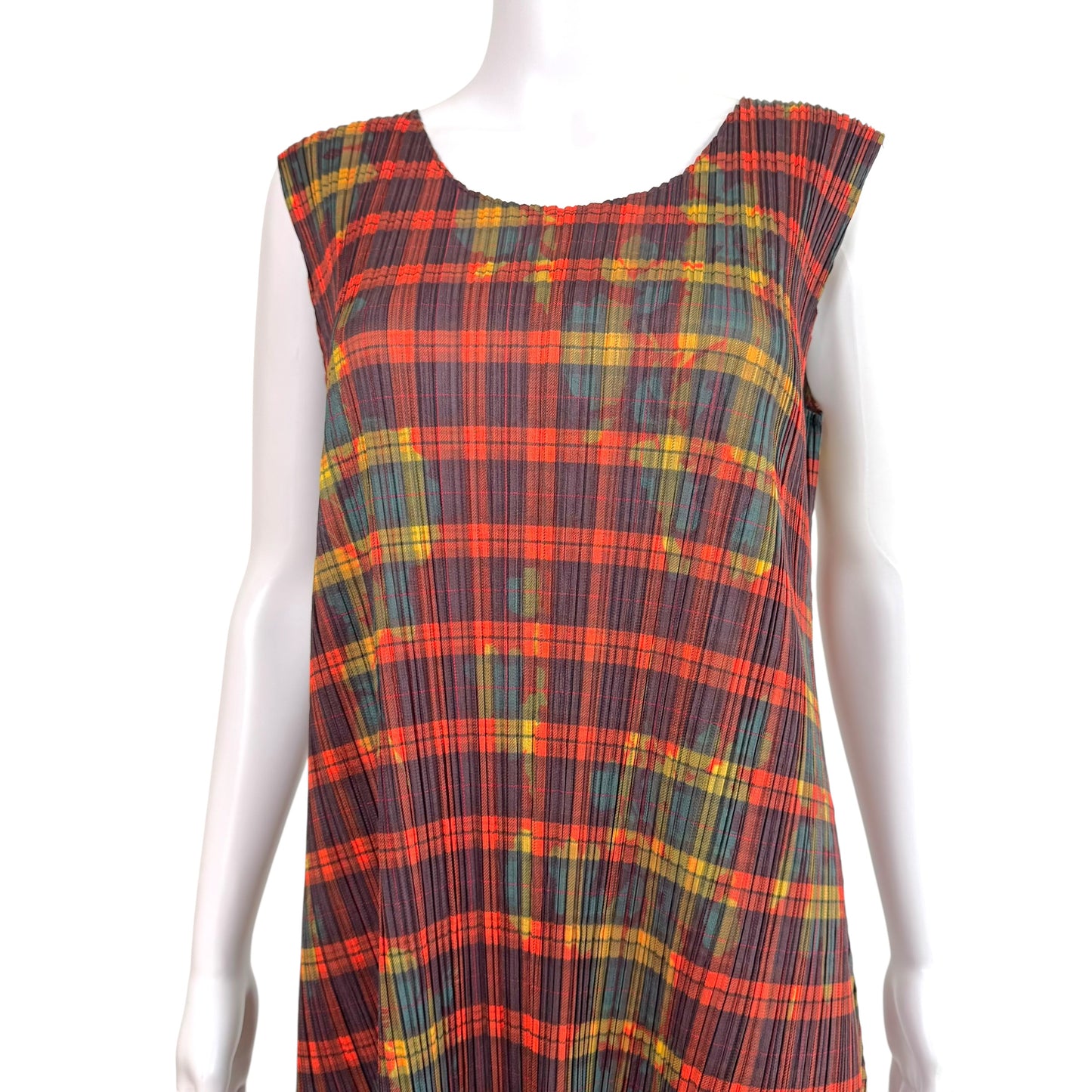 Issey Miyake Pleats Please Tartan Plaid Printed Maxi Dress Sz 2