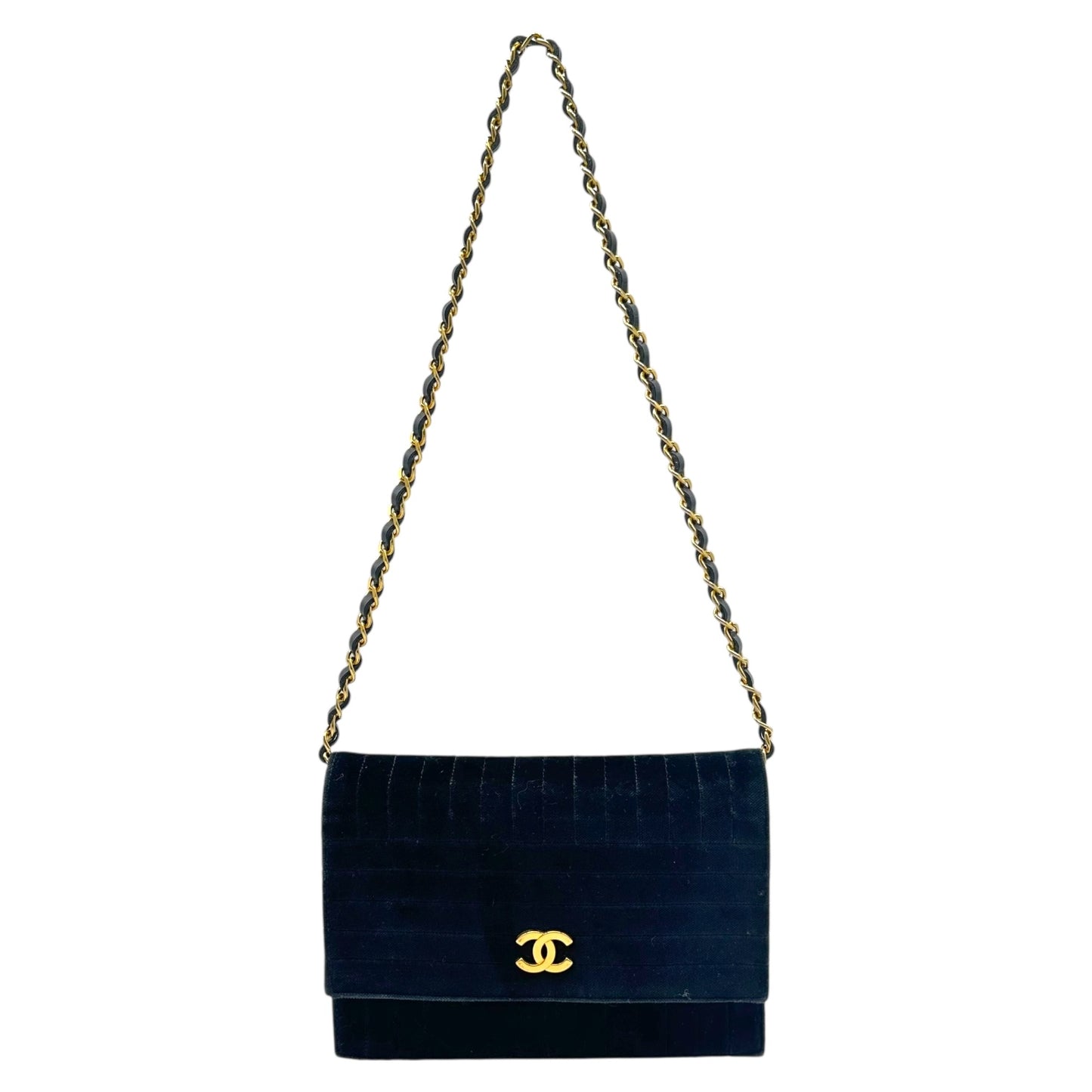 Chanel Black & Gold Velvet Snap Flap Shoulder Bag 80's-90's