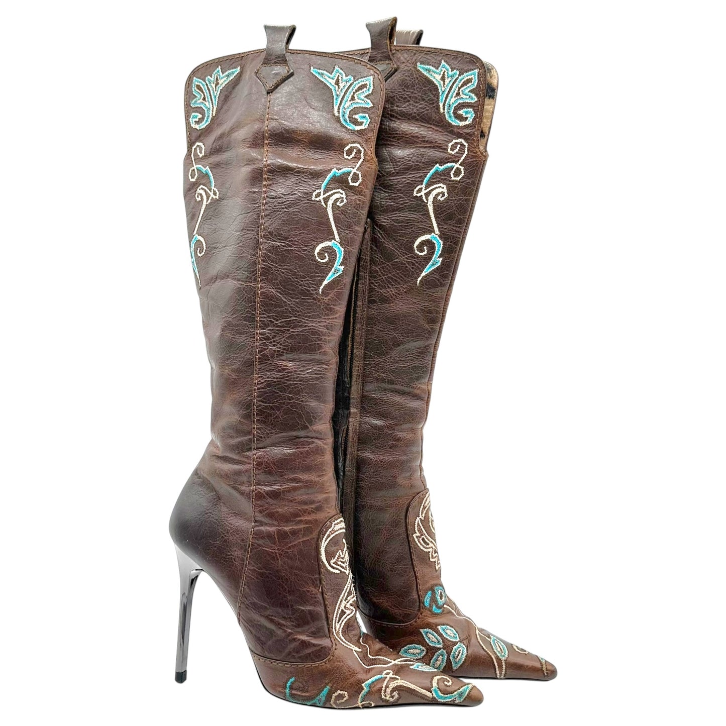 Roberto Cavalli Brown Embroidered Heeled Western Boots