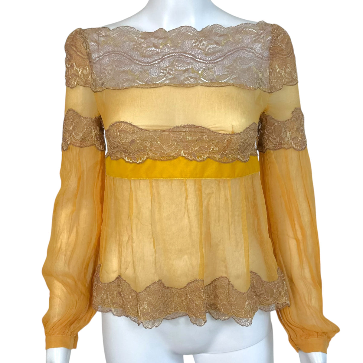 Dolce & Gabbana Gold Sheer Silk Blouse with Taupe Lace