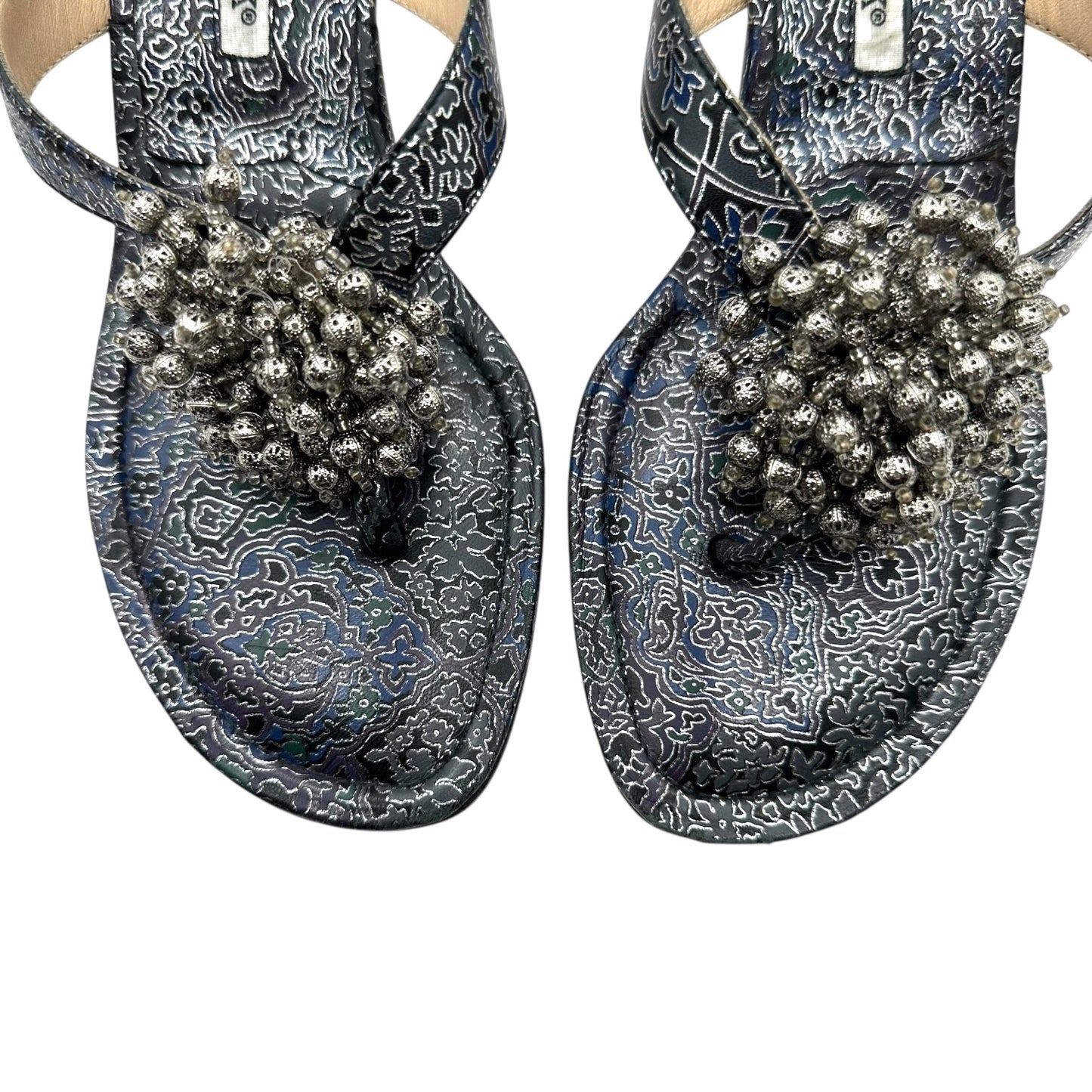 Manolo Blahnik Silver Beaded Kitten Heel Flip Flops