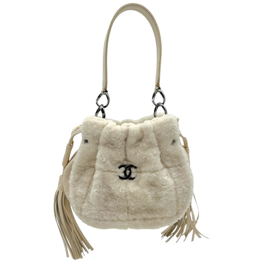 Chanel Ivory Shearling Mini Bucket Handbag with Fringe