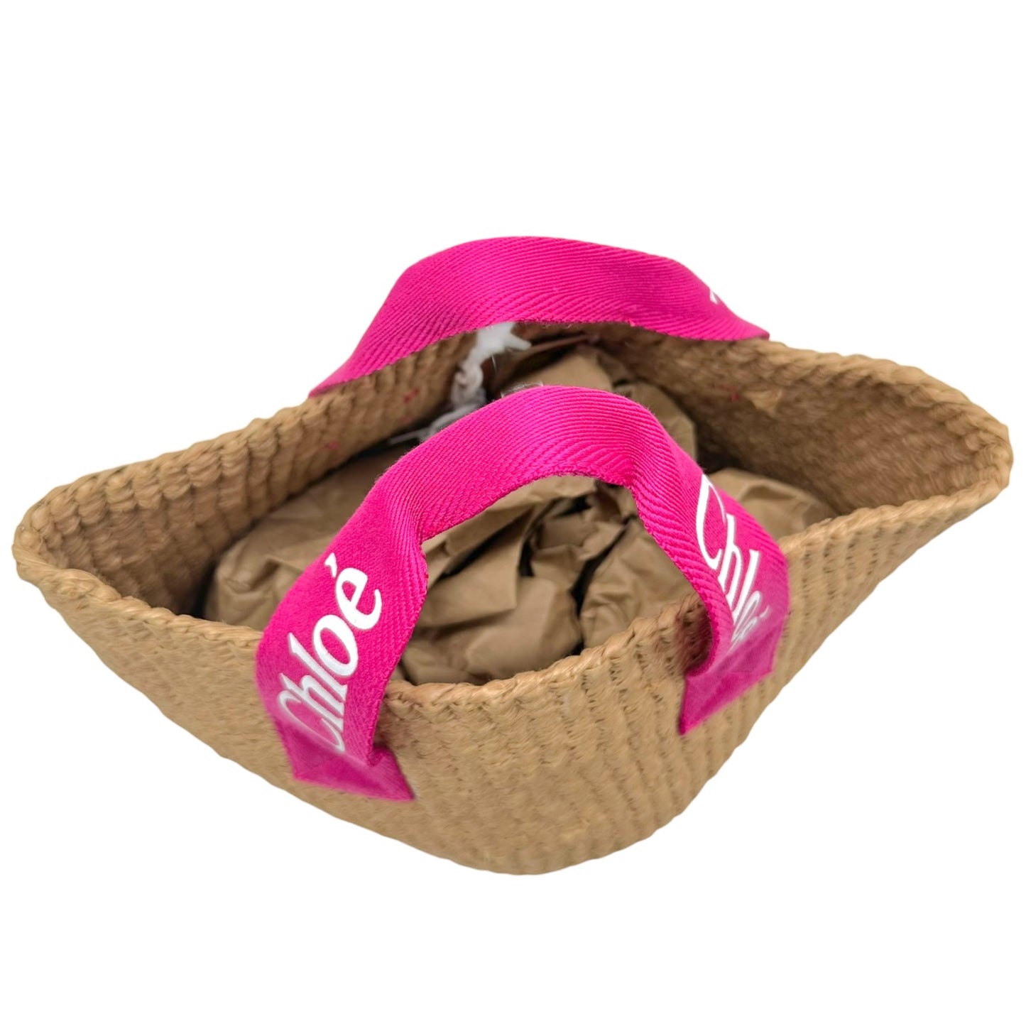 Chloé Pink Logo Handle Woven Wicker Basket Bag NEW