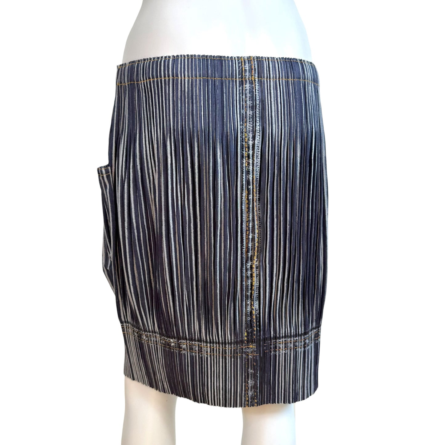 Issey Miyake Pleats Please Two-Tone Denim Print Pleated Balloon Midi Skirt Sz 3