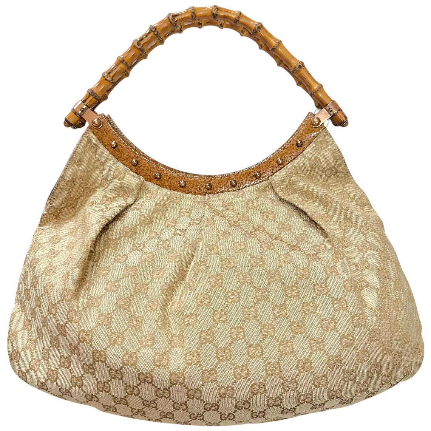 Gucci Tan Monogram Studded Bamboo Handle Shoulder Bag