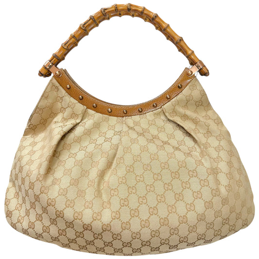 Gucci Tan Monogram Studded Bamboo Handle Shoulder Bag