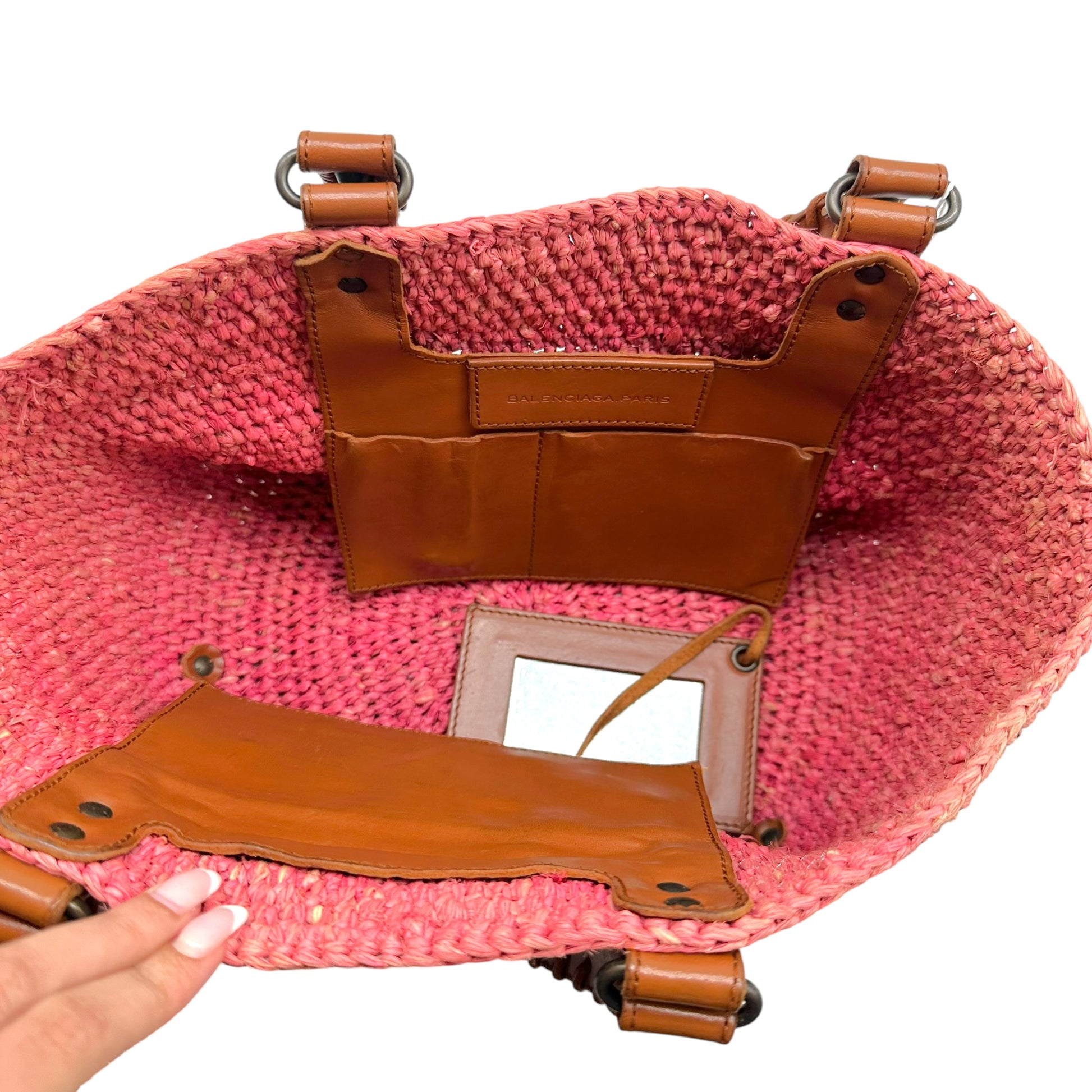 Balenciaga Small City Beach Bag Coral Pink Raffia Leather