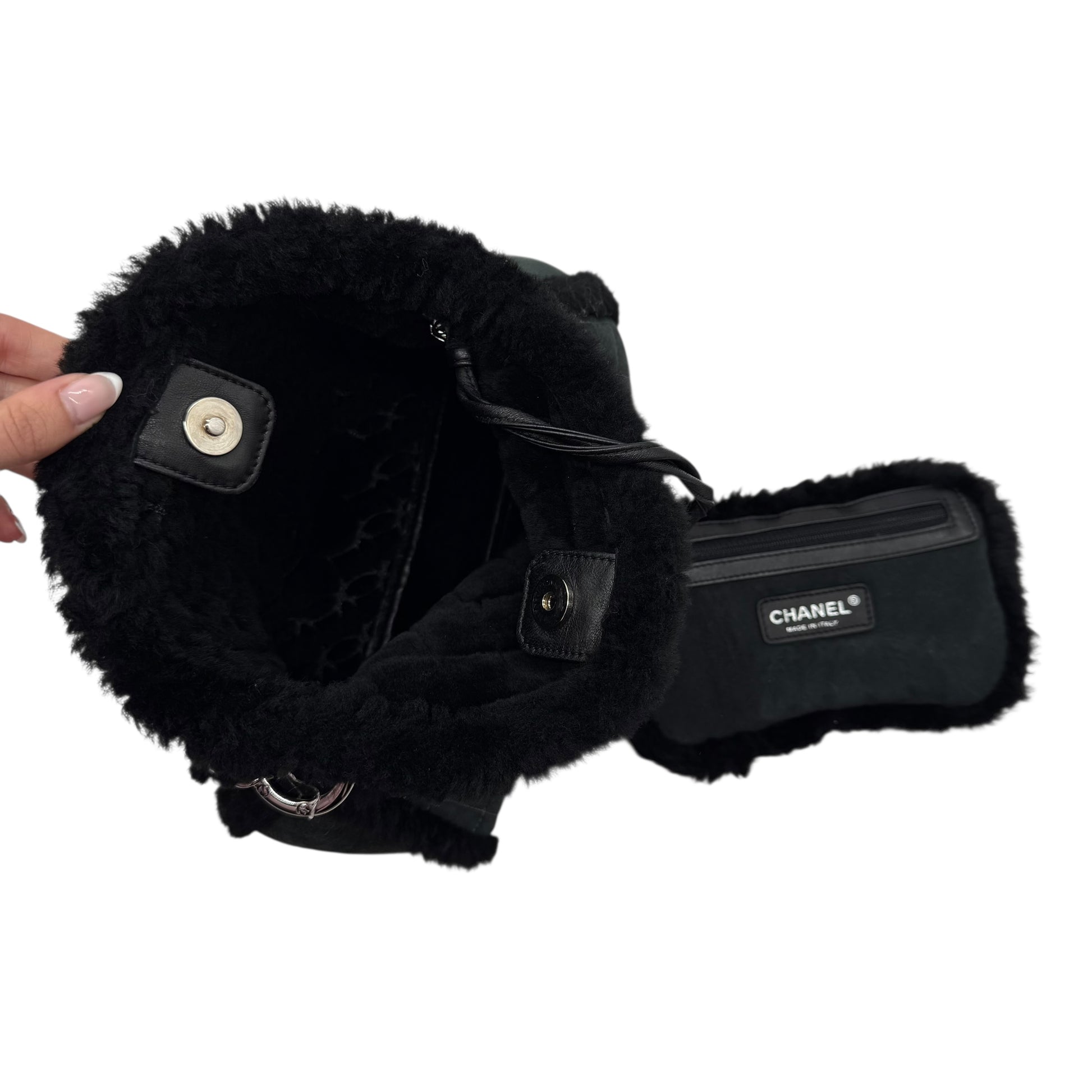 Chanel Black Shearling Quilted Logo Shoulder Bag 2005-06 - Outfit Repeater