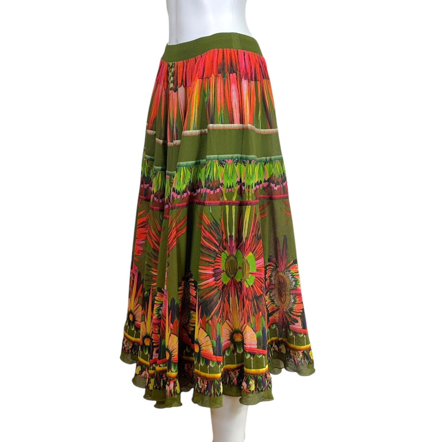 Jean Paul Gaultier Soleil Olive Green Multi Tropical Print Mesh Tiered Maxi Skirt