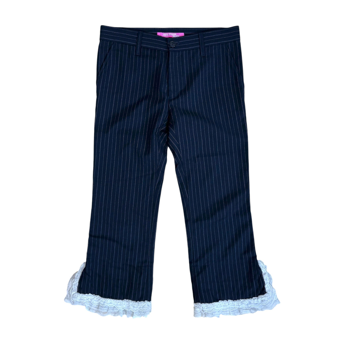 Junya Watanabe Black Pinstriped Capri Pants with Lace Trim