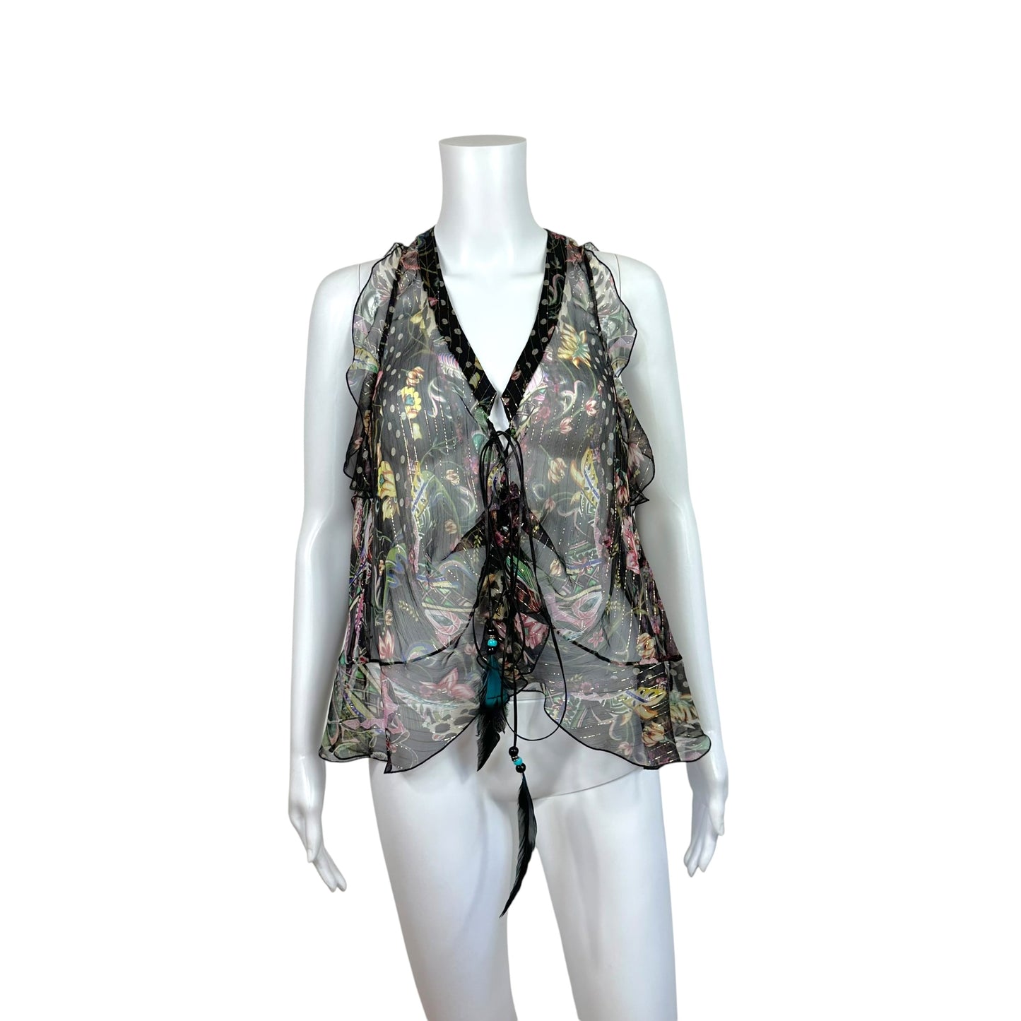 Roberto Cavalli Sheer Metallic Polka Dot & Floral Silk Blouse w/ Feather Ties