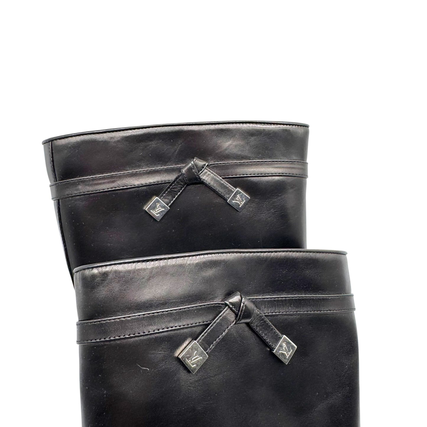 Louis Vuitton Black Leather LV Logo Bow Heeled Knee High Pointed Toe Boots