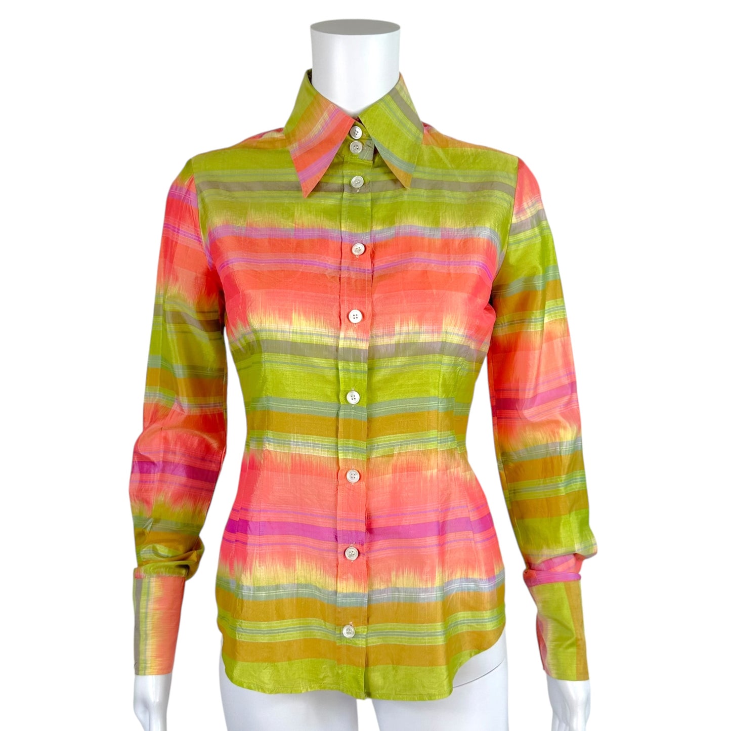 Dolce & Gabbana Silk Blouse Pink Green Plaid Button-Up