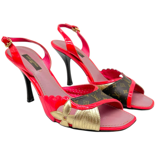 Louis Vuitton Hot Pink & Gold Leather Classic Monogram Strappy Sandal Heels - Outfit Repeater