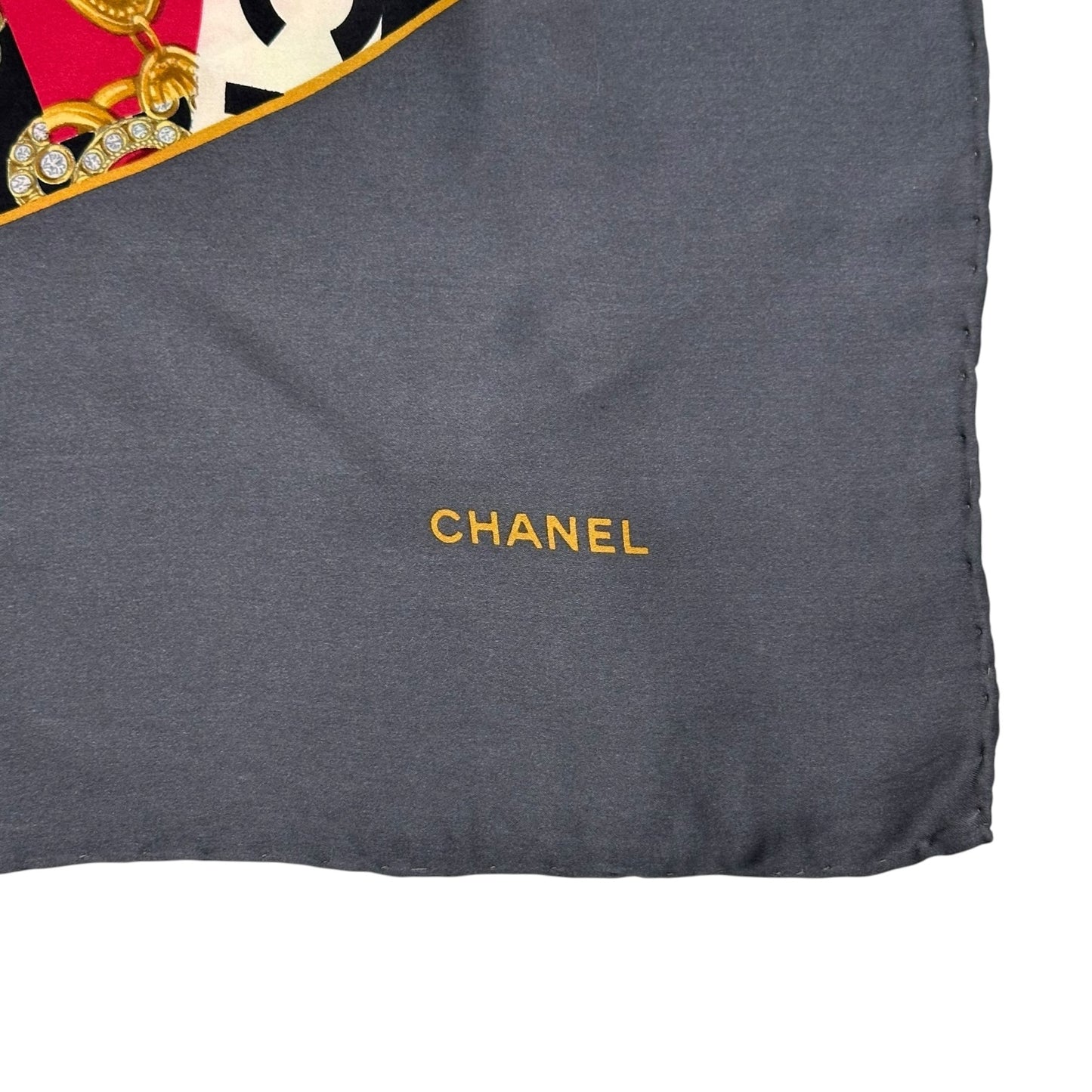 Chanel Gray & Multicolor Jewelry Print Big CC Logo Large Silk Square Scarf