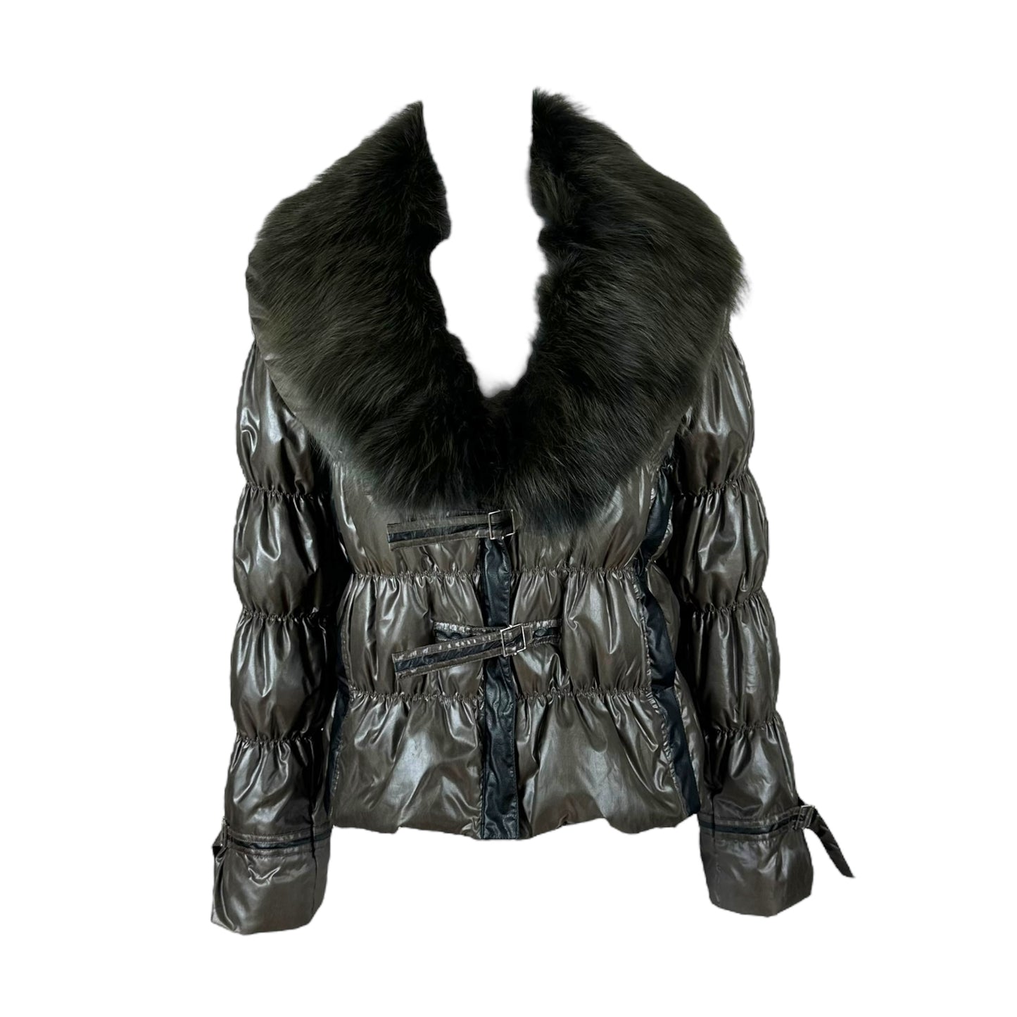 Balmain Khaki Green Fur Collared Puffer Coat