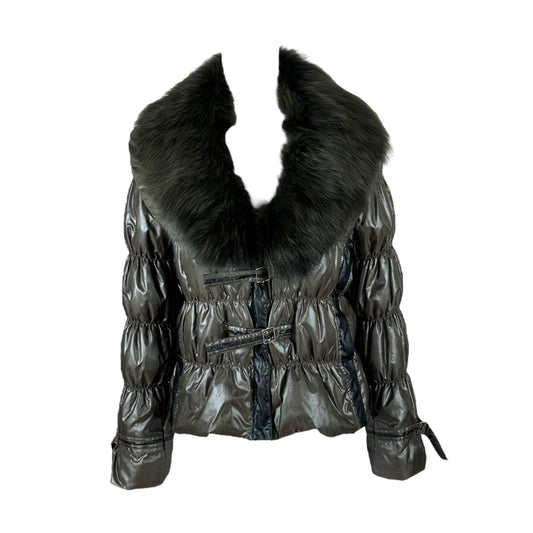 Balmain Khaki Green Fur Collared Puffer Coat