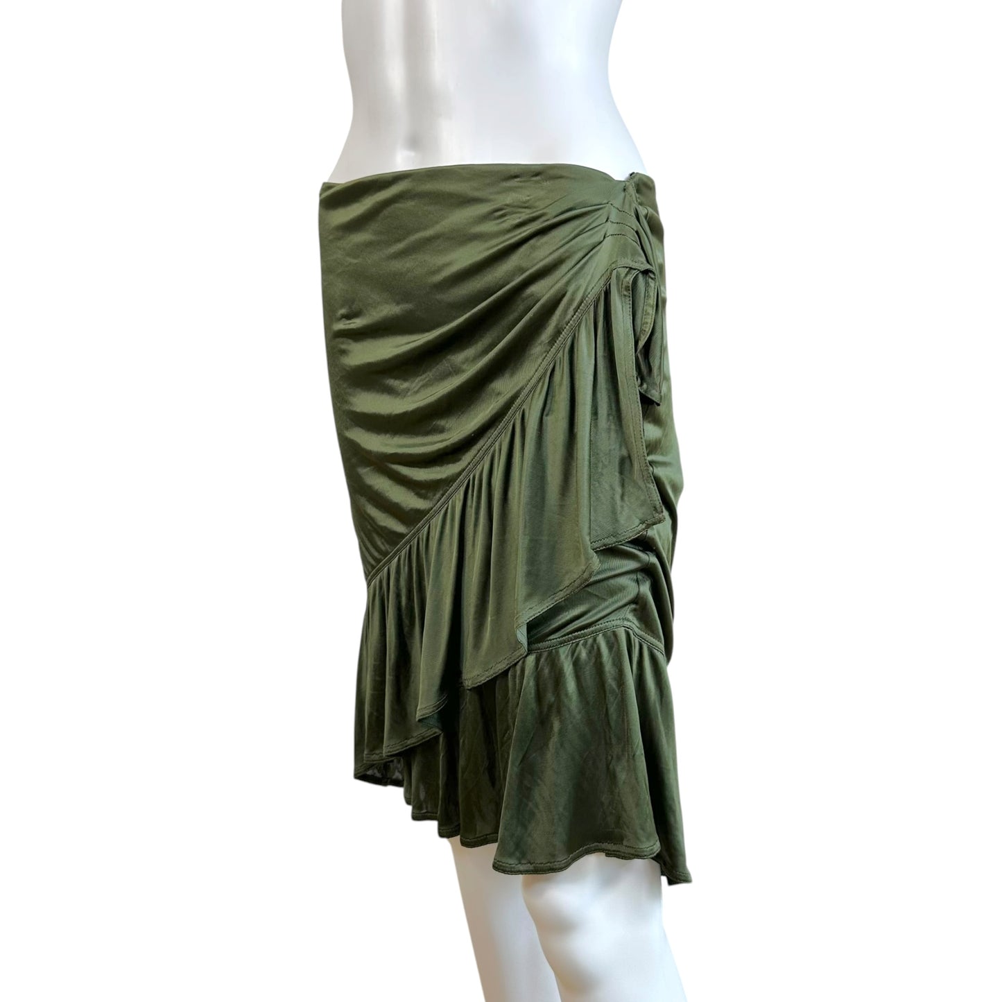 Yves Saint Laurent Khaki Green Knit Silk Midi Skirt