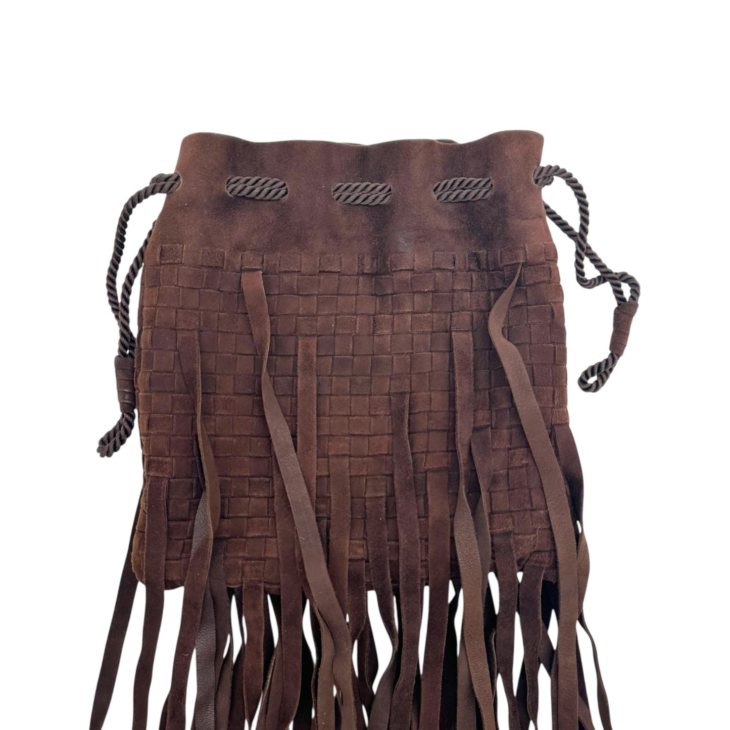 Bottega Veneta Brown Intrecciato Woven Suede Fringe Trim Clutch