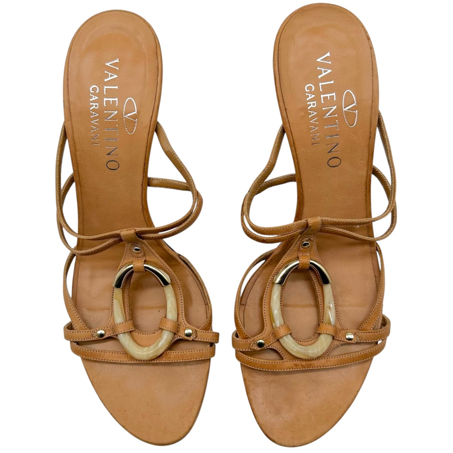 Valentino Garavani Tan Leather & Stone Embellished Strappy Mule Heels