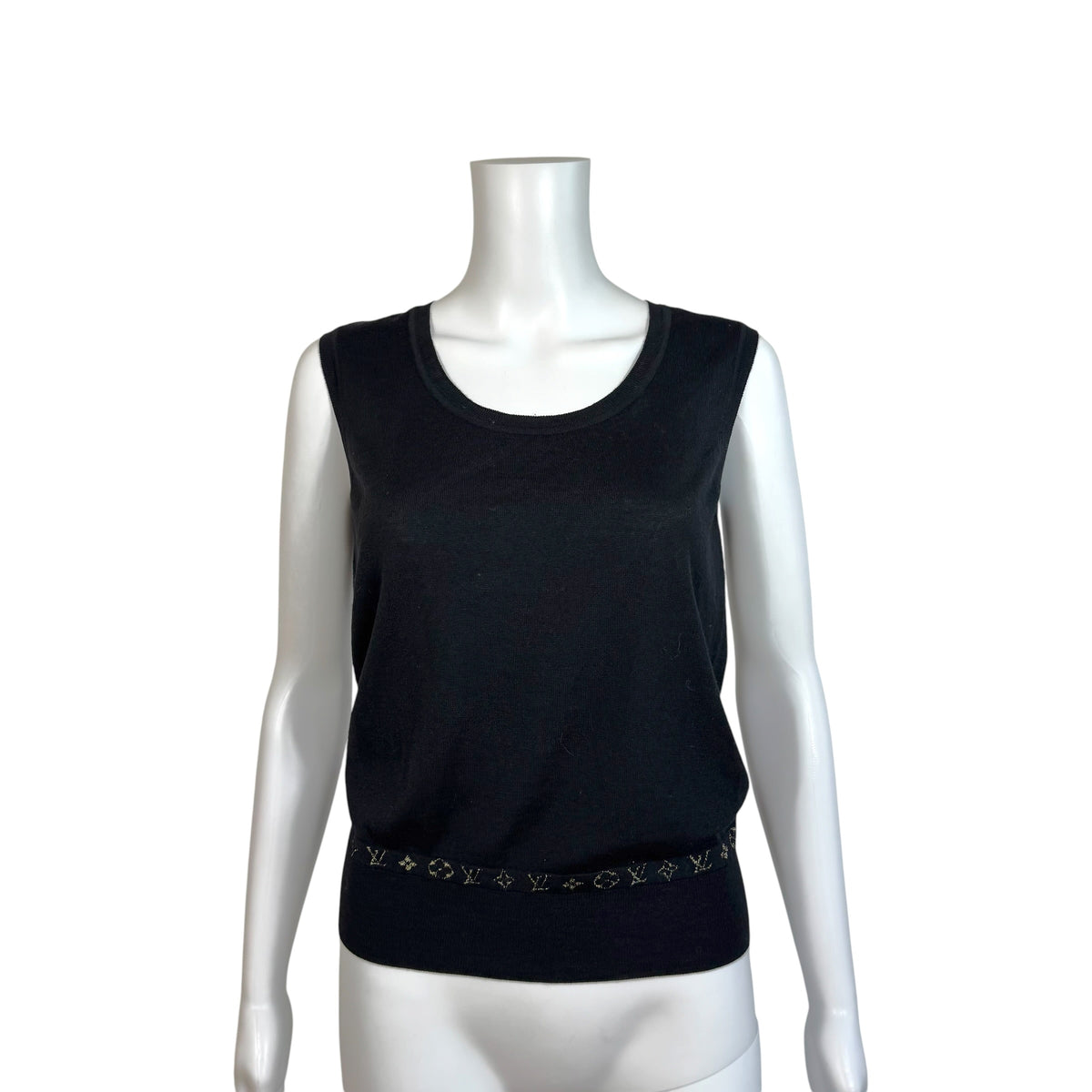 Louis Vuitton Sleeveless Top Black Wool Knit Monogram Hem