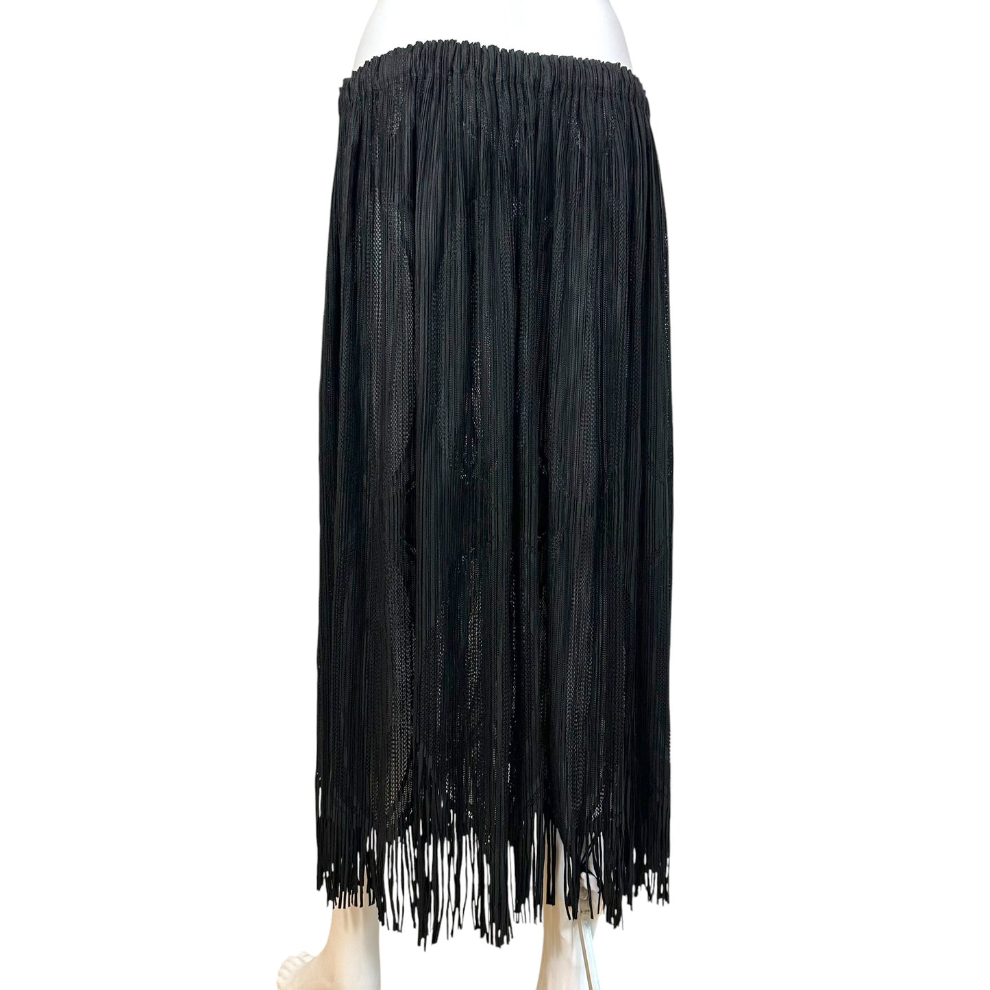 Issey Miyake Pleats Please Black Perforated Fringe Trim Midi Skirt