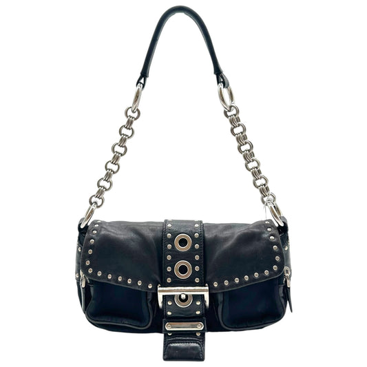 Prada Black Leather Studded Buckled Mini Shoulder Bag