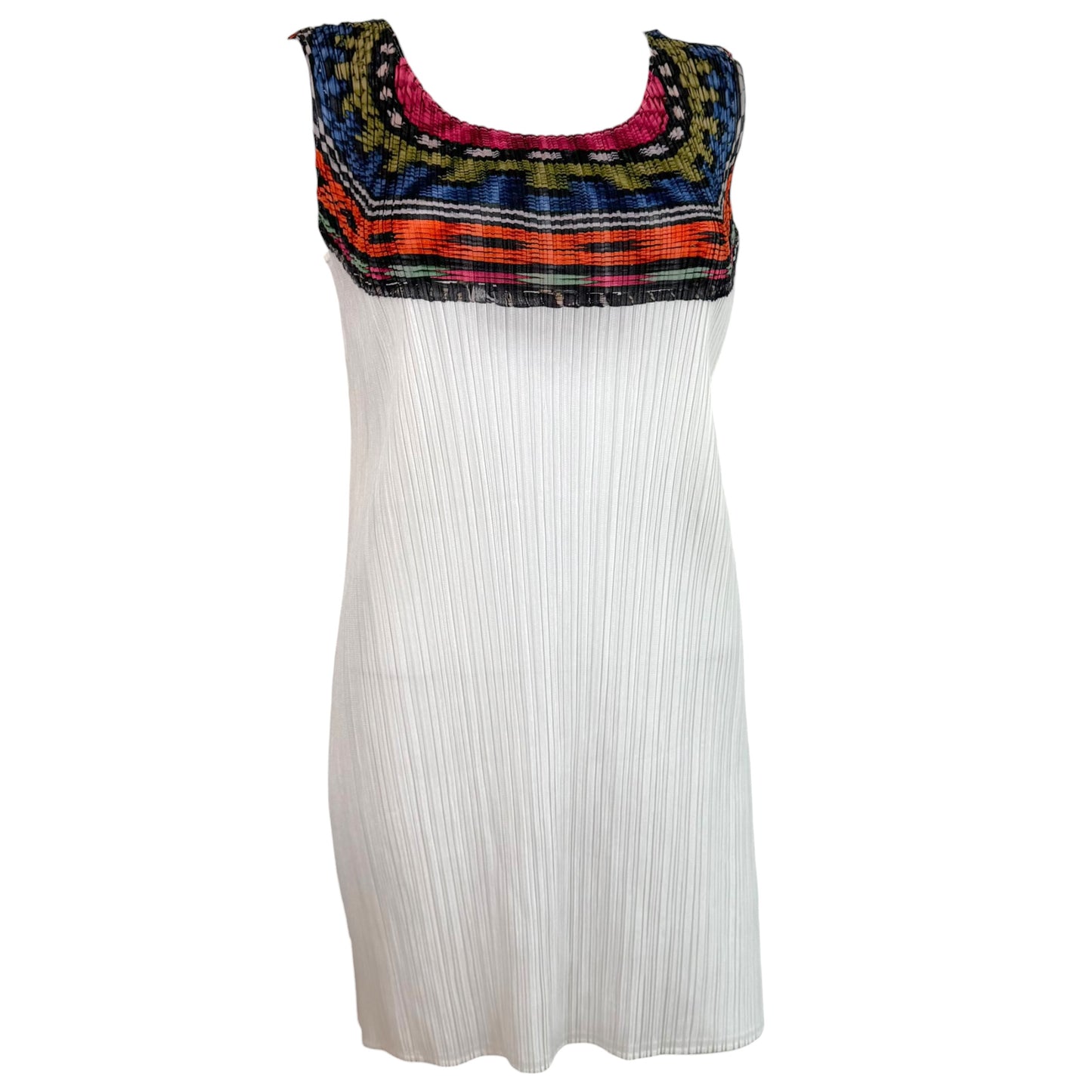 Issey Miyake Pleats Please Multicolor Patterned Neckline White Pleated Mini Dress Sz 3