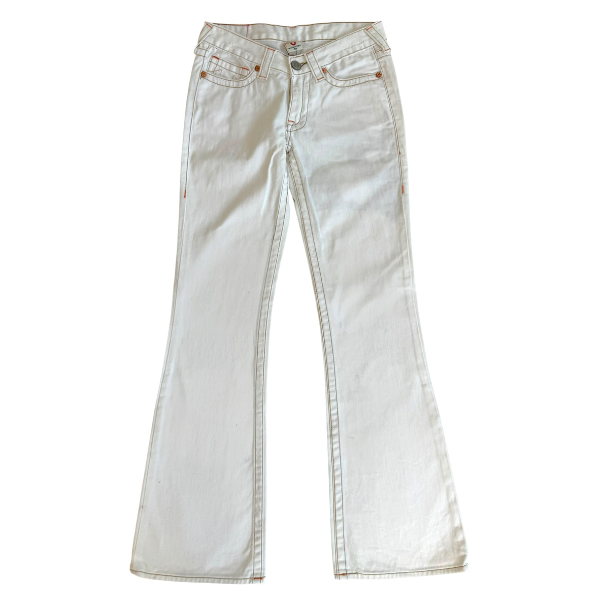 True Religion White Low Rise Flare Jeans with Embroidery