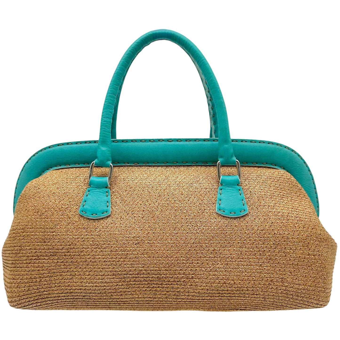 Fendi Selleria Raffia & Turquoise Leather Trim Doctors Bag