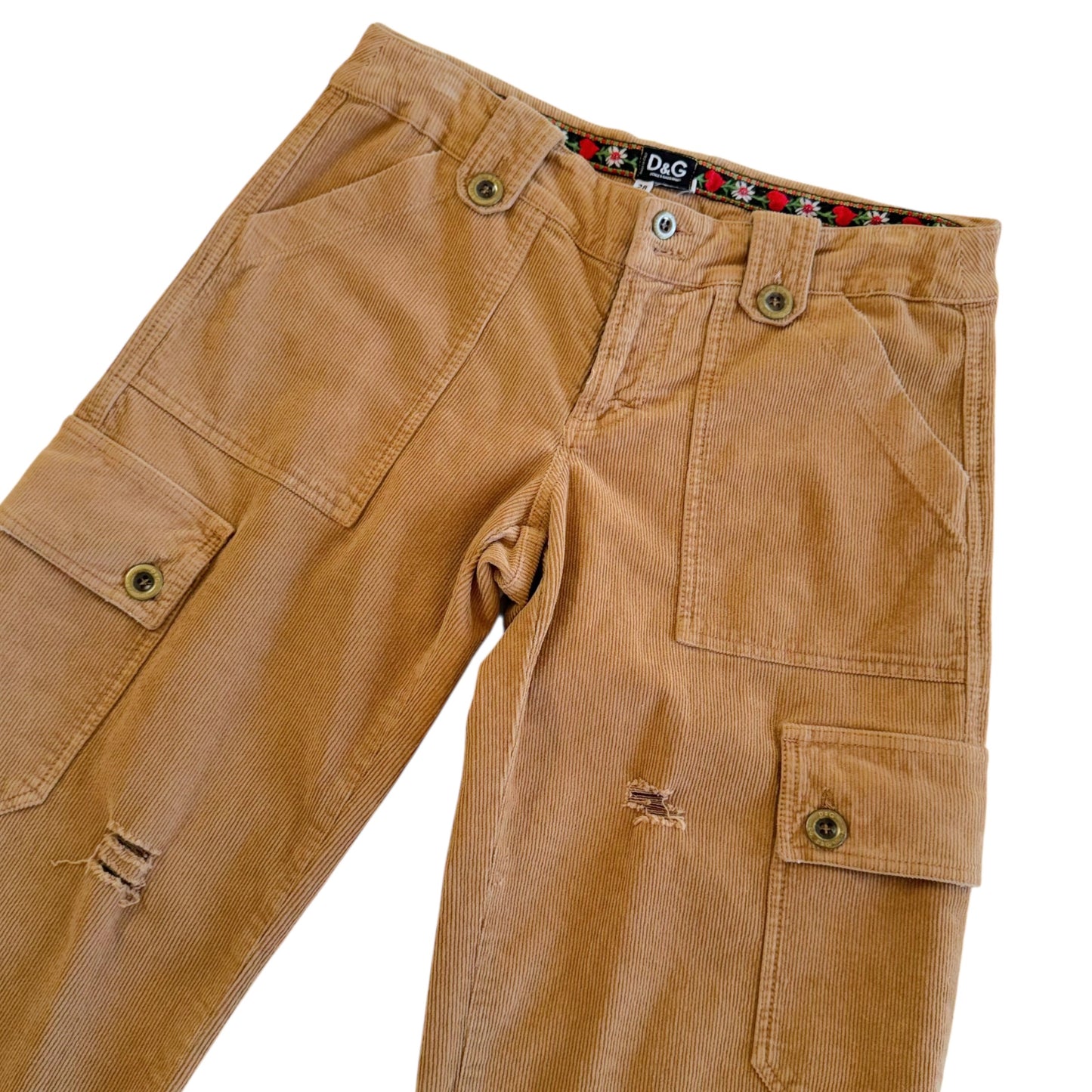 D&G Dolce & Gabbana F/W 2002 Brown Distressed Low Rise Corduroy Cargo Pants