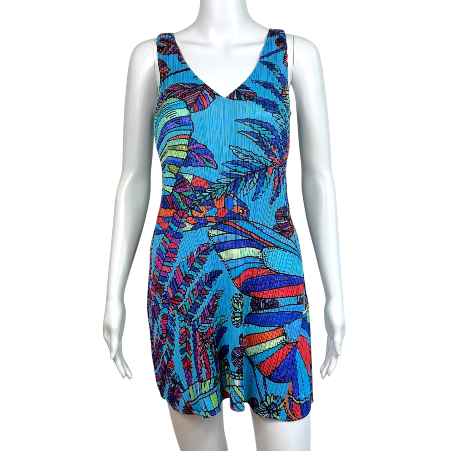 Issey Miyake Pleats Please Blue Multi Floral & Butterfly Print Pleated Halter Mini Dress