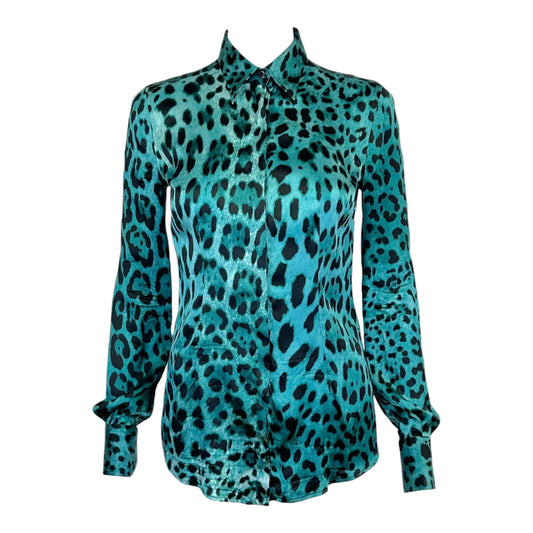 Dolce & Gabbana Turqiouse Blue Leopard Print Silk Blouse