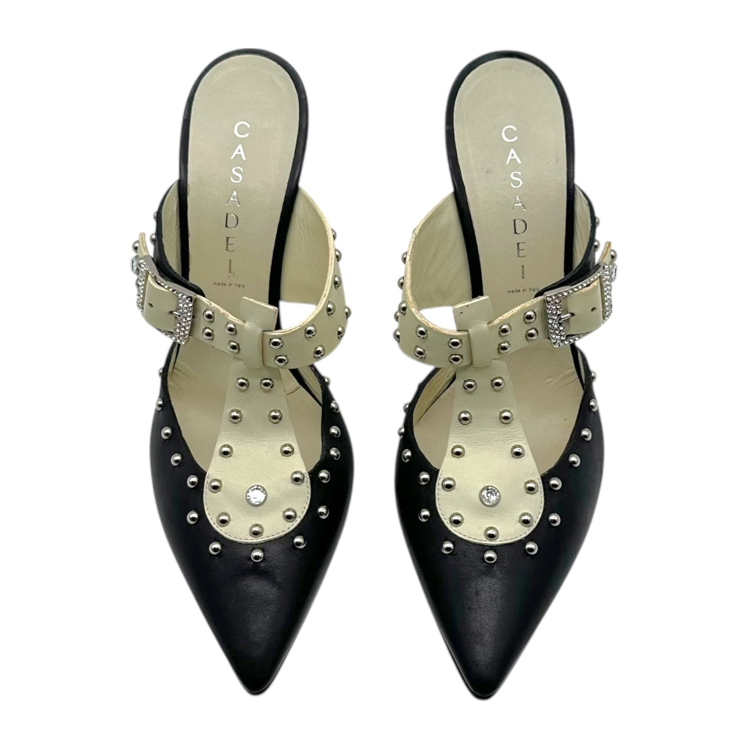 Casadei Studded Black & White Mule Heels - Outfit Repeater
