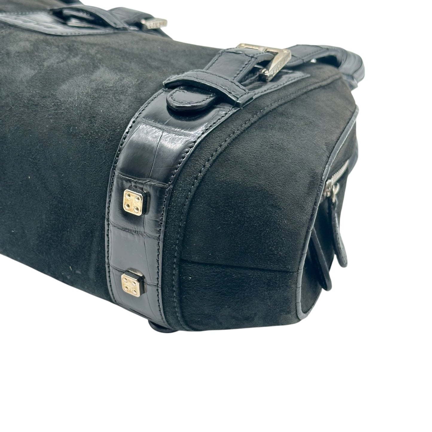 Loewe Black Suede Croc Embossed Shoulder Bag