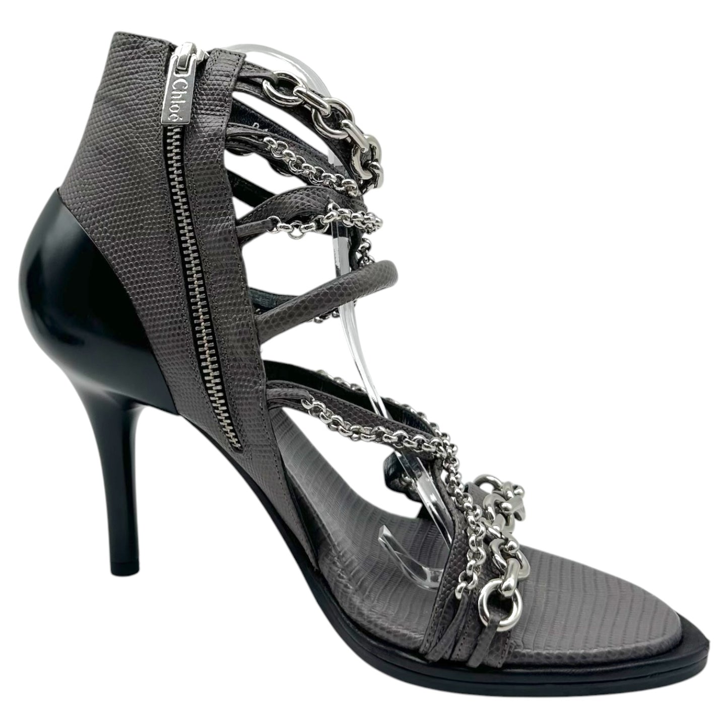 Chloé Dark Gray Lizard Embossed Silver Chain Strappy Sandal Heels