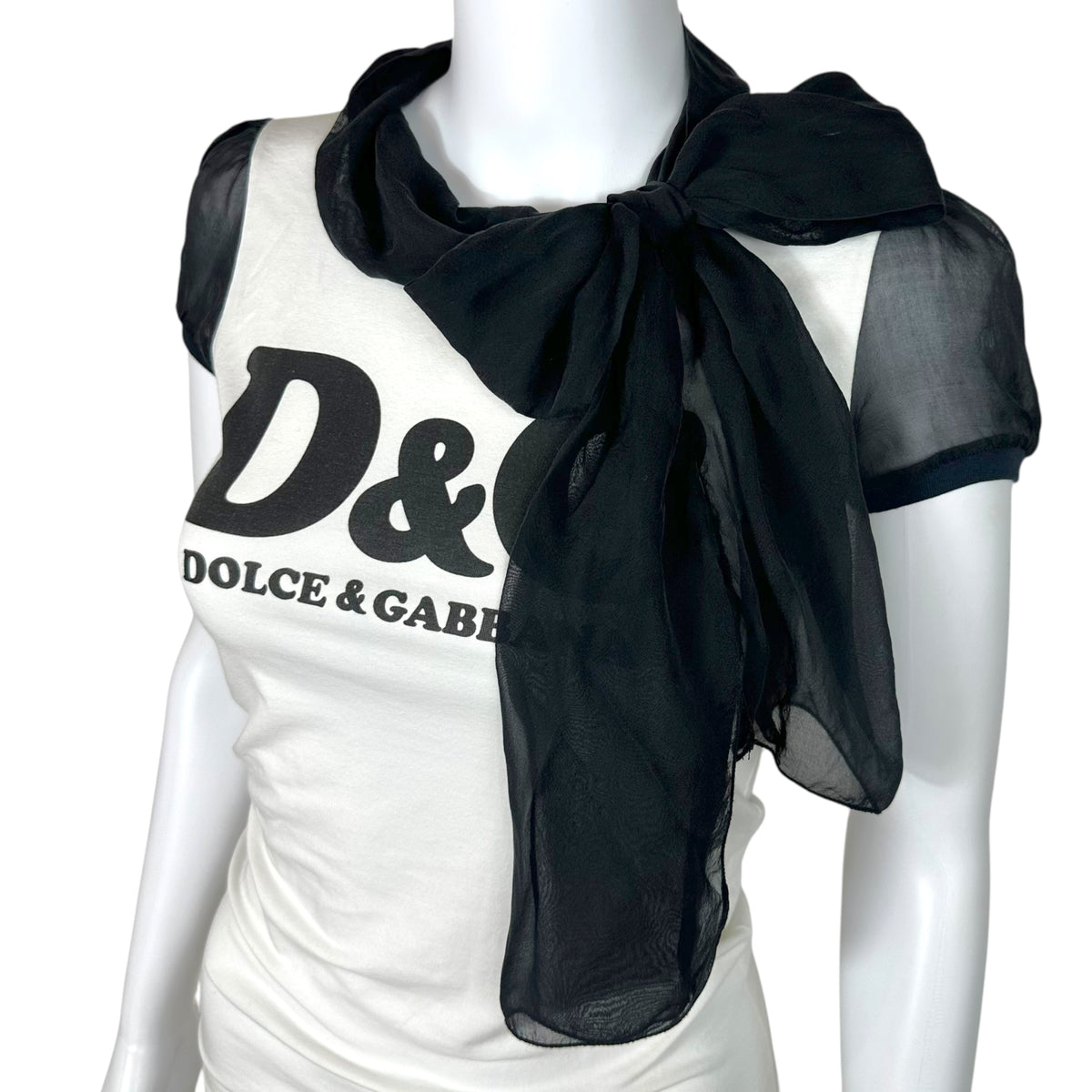 D&G Dolce & Gabbana Silk Tie-Neck Black & White Logo T-Shirt