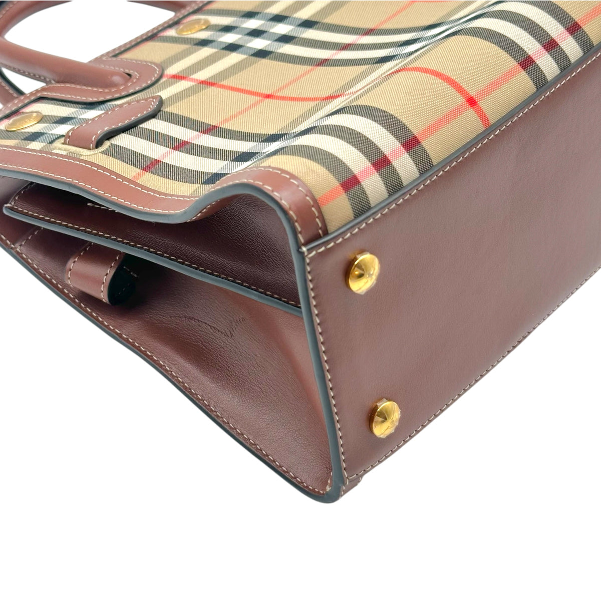 Burberry Top Handle Bag Nova Check Plaid Brown Leather