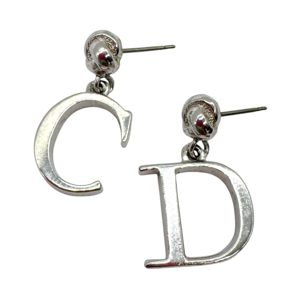 Christian Dior Silver Logo Dangly Stud Earrings