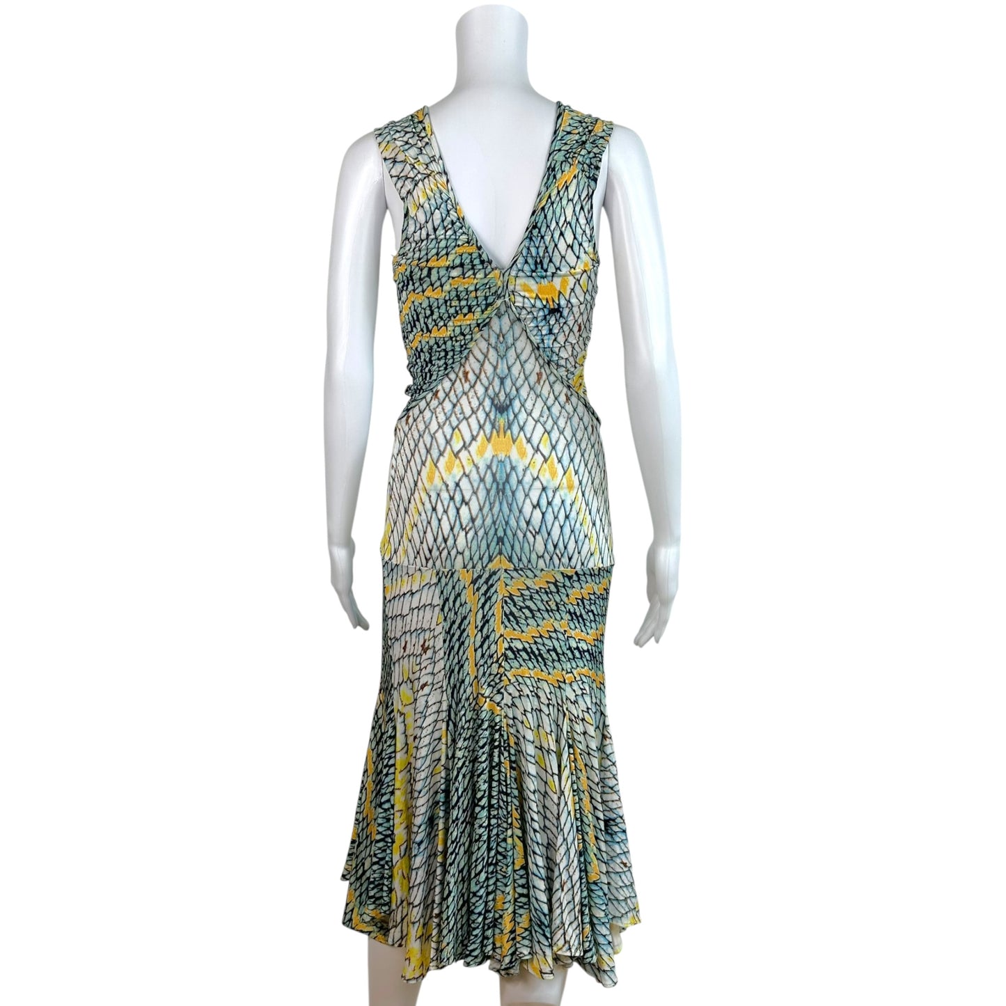 Roberto Cavalli Turquoise Yellow Scale Print Midi Dress